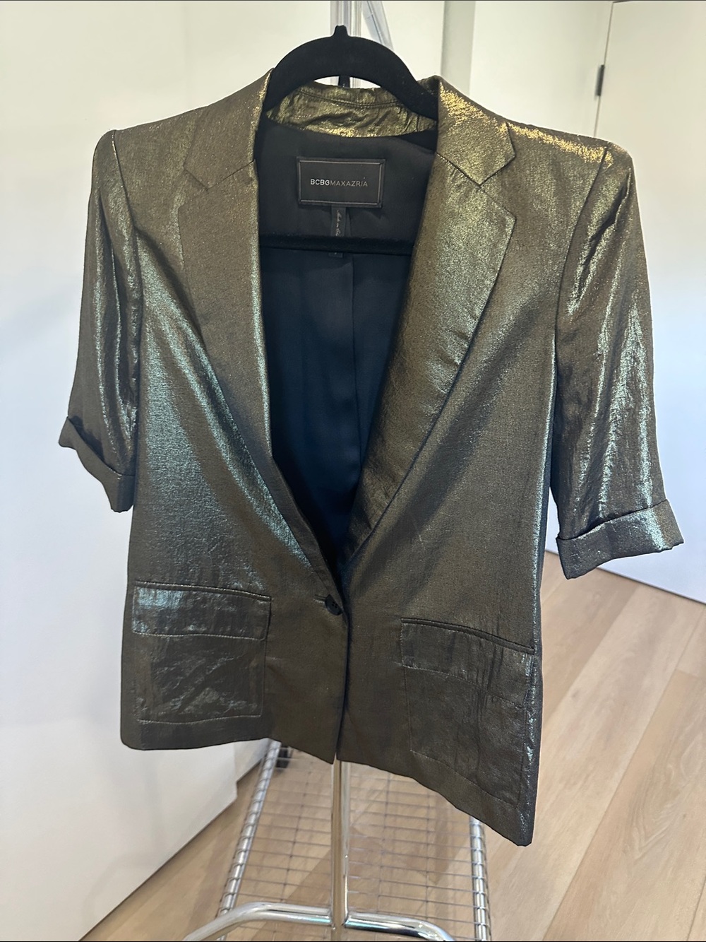 BCBGMaxAzria Metallic Olive Gold Short Sleeve Blazer